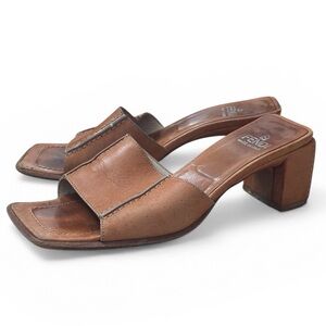FENDI VINTAGE Tan Brown Leather Block Heel Mules Women's Size 5